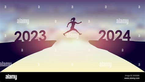 Woman Jumping Over A Cliff From 2023 To 2024 Happy New Year Stock