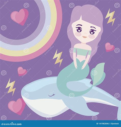 Cute Mermaid With Whale And Rainbow Stock Vector Illustration Of