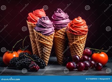 Waffle Cones With Delicious Ice Cream With Fruits On Purple Background