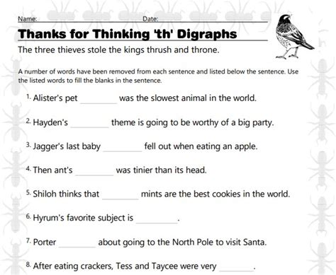 Thanks For Thinking Th Digraph Cloze Worksheet Educational Resource