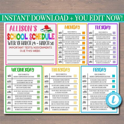 Daily Homework Schedule Template Excel Templates