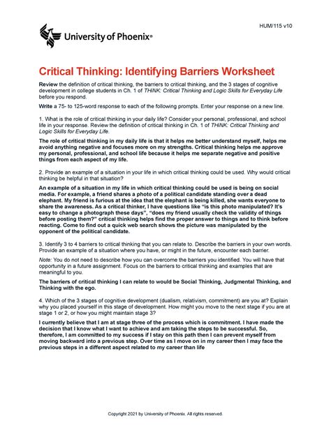 Hum V Wk Critical Thinking Identifying Barriers Worksheet Done