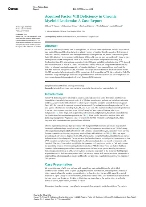 PDF Acquired Factor VIII Deficiency In Chronic Myeloid Leukemia A