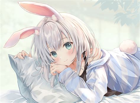 Animal Ears Aqua Eyes Bed Blush Bunny Ears Bunnygirl Close Gray Hair