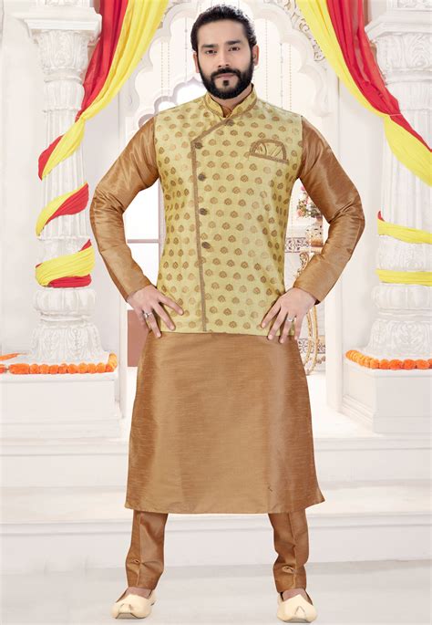 Light Brown Art Silk Readymade Kurta Pajama With Jacket 197099