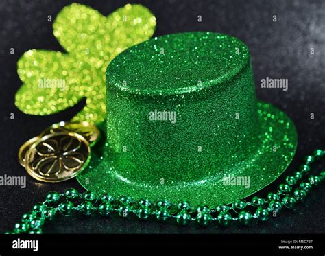 St Patricks Day Irish Green Top Hat Green Clover Gold Coins And Green Beads Black Dark