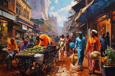 Premium AI Image | a painting of a market with a cart full of fruit