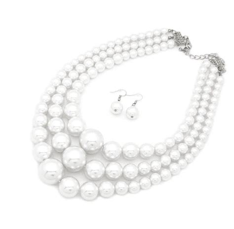 Women S Simulated Faux Three Multi Strand Pearl Statement Necklace And