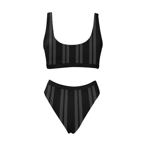Gray Black Vertical Stripes Sport Top High Waisted Bikini Swimsuit