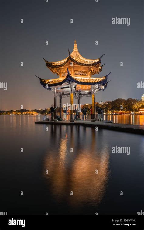 Night View Of Jixian Pavilion The Landmark At The West Lake In