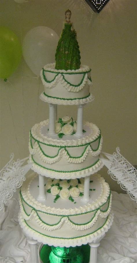 (1739) 3 Tier Quinceanera Cake with Green Trim - ABC Cake Shop & Bakery