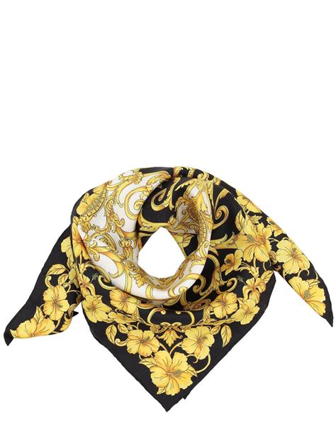 Versace Logo Baroque Print Silk Scarf In Goldblack Metallic For Men