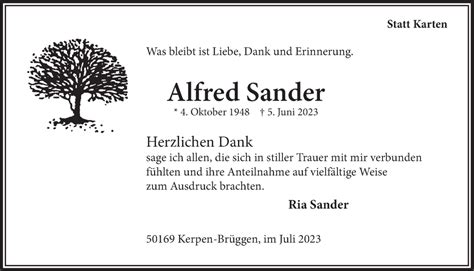 Traueranzeigen Von Alfred Sander Wirtrauern