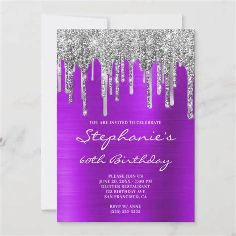 Violet Silver Glitter And Foil Drip 60th Birthday Invitation Zazzle