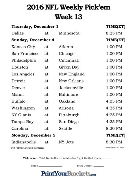 Nfl Week 13 Printable Schedule