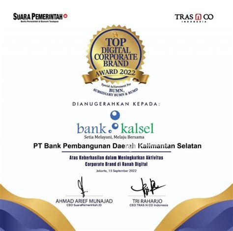 Bank Kalsel Raih Penghargaan Top Digital Corporate Brand Award