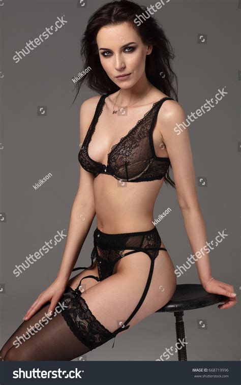 Sexy Female Model Posing Black Lingerie Stock Photo 668719996