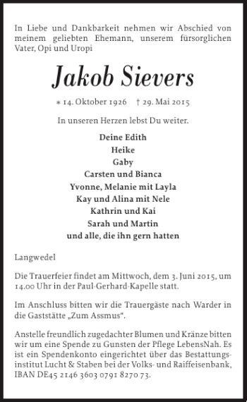 Traueranzeigen Von Jakob Sievers Sh Z Trauer