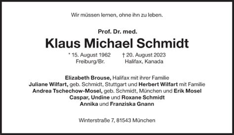 Traueranzeigen Von Klaus Michael Schmidt SZ Gedenken De