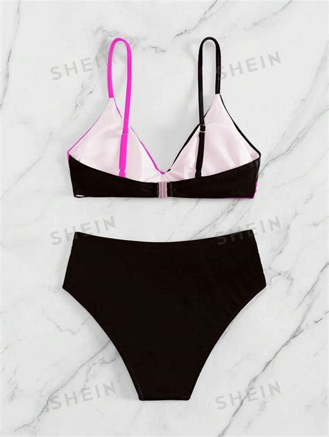 Shein Swim Ensemble De Bikini Pi Ces Avec Bloc De Couleurs Rose