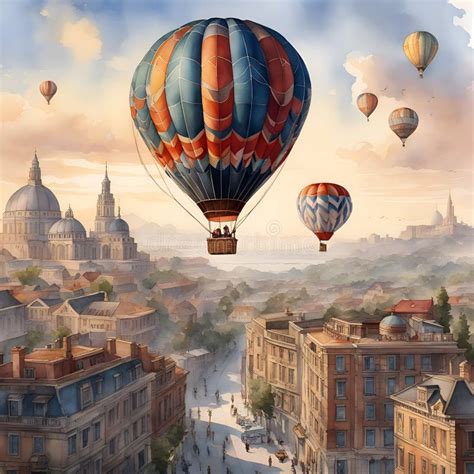 Traveling In A Hot Air Balloon Over The City Stock Illustration Illustration Of Decoration
