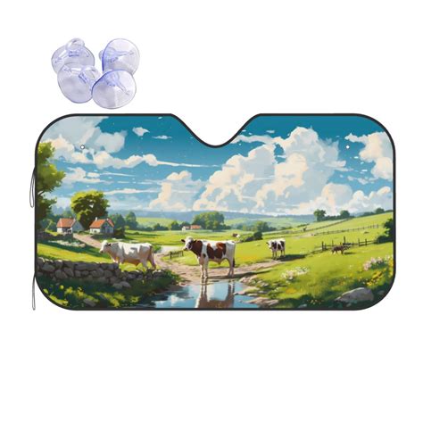 Tebeau Countryside Farm Cow Print Foldable Car Windshield Sun Shades