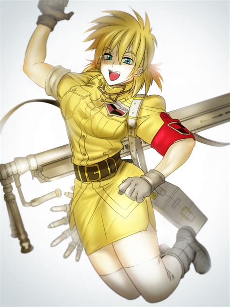 Safebooru 1girl Armband Blonde Hair Blue Eyes Blurry Bullet Depth Of Field Fang Gloves Gun