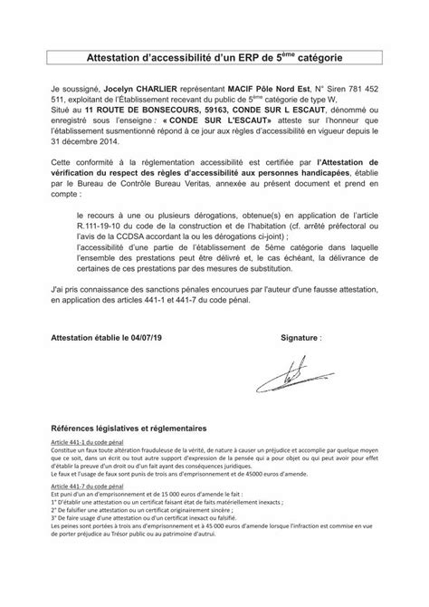 Pdf Attestation Daccessibilité Dun Erp De 5 Catégorie · 2019 7 23