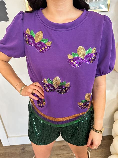 Purple Mardi Gras Masks And Stripes Puff Sleeve Top Omg By Eden