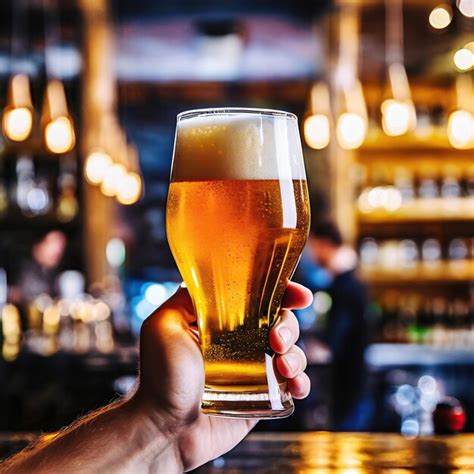 Premium Ai Image Hand Holding A Glass Of Beer With Blurred Bar Background