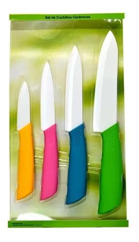 Set De 4 Cuchillos Ceramica Blanca Mango Silicona Colores