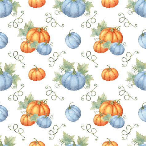 Blue and orange pumpkins with green leaves and vines backdrop