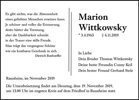 Traueranzeigen Von Marion Wittkowsky Vrm Trauer De