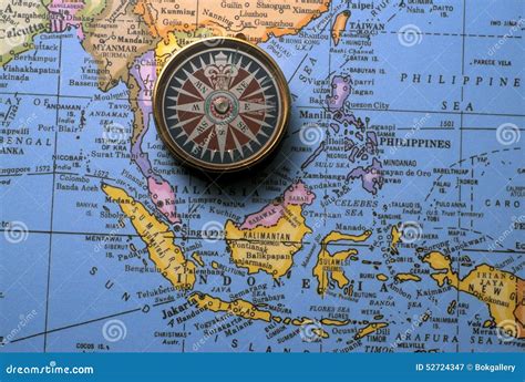 Antique Compass On Map South East Asian Region Stock Image 52724347