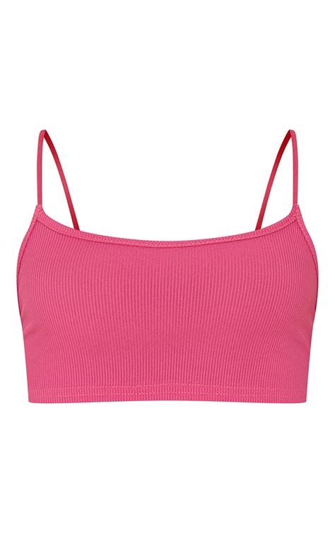 Hot Pink Basic Rib Strappy Cami Crop Top Prettylittlething