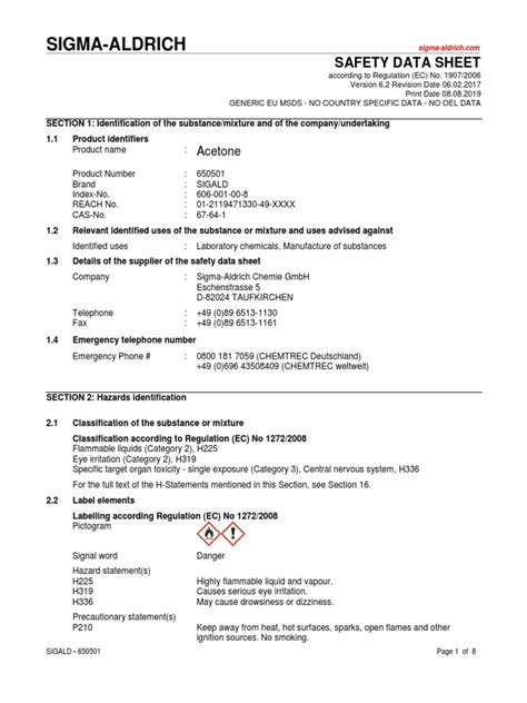 Acetone Safety Data Sheet PDF | PDF | Toxicity | Personal Protective ...