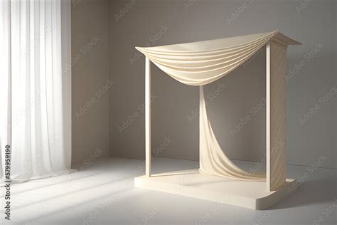 D Display Podium Beige Background With Pedestal And Flying Nude Color Silk Cloth Curtain