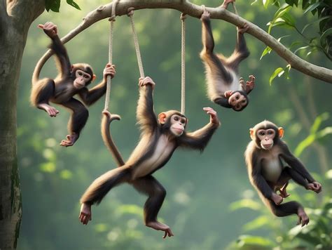 Un grupo de monos colgados de la rama de un árbol en la selva Foto