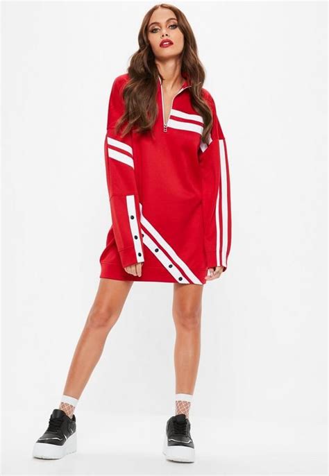 Long Sleeve Dress In A Red Hue With White Sports Stripe Detail Stil