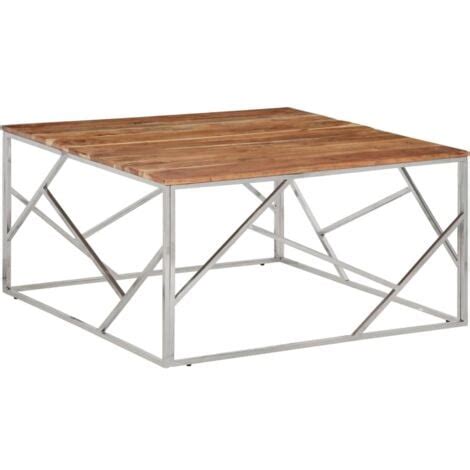 Mesa De Centro Acero Inoxidable Y Madera Maciza Acacia Plateado