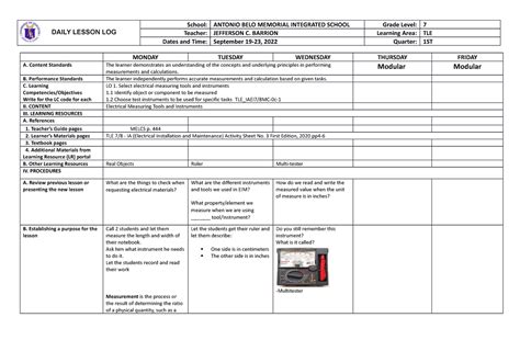 DLL In TLE Q1 EIM 3 Tools DAILY LESSON LOG School ANTONIO BELO