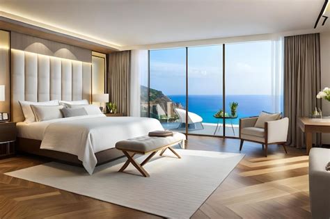 Premium AI Image | A bedroom with a view of the ocean and a large window.