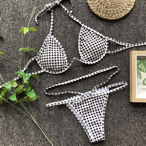 Gingham Print Halter Cut Out Bikini Sets On Luulla