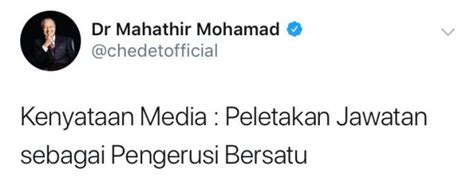 Tun Dr Mahathir Letak Jawatan Pengerusi Bersatu