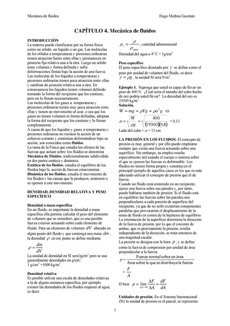 Mecánica De Fluidos Notas Sobre Densidad Densidad Relativa Y Más CapÍtulo 4