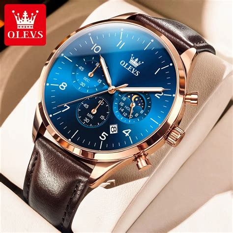 Olevs Montre Quartz Multifonctionnelle Avec Bracelet En Cuir Pour Homme