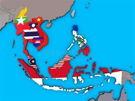 South East Asia with Flags on 3D Map Stock Illustration - Illustration ...