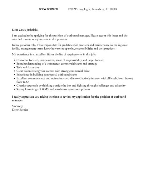 Outbound Manager Cover Letter Velvet Jobs