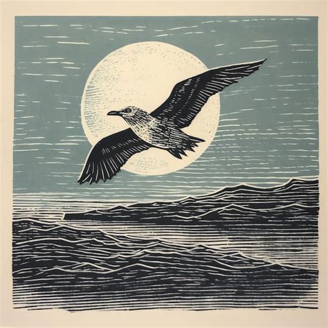 Minimalist Seagull Woodblock Print Illustration In One Color Premium