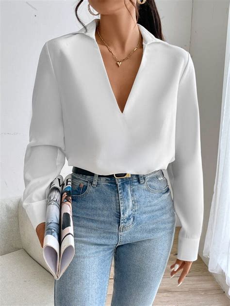 Shein Unity Solid V Neck Blouse Shein Usa Women Blouses Fashion